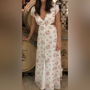 Open back white with pink flowers chiffon maxi dress